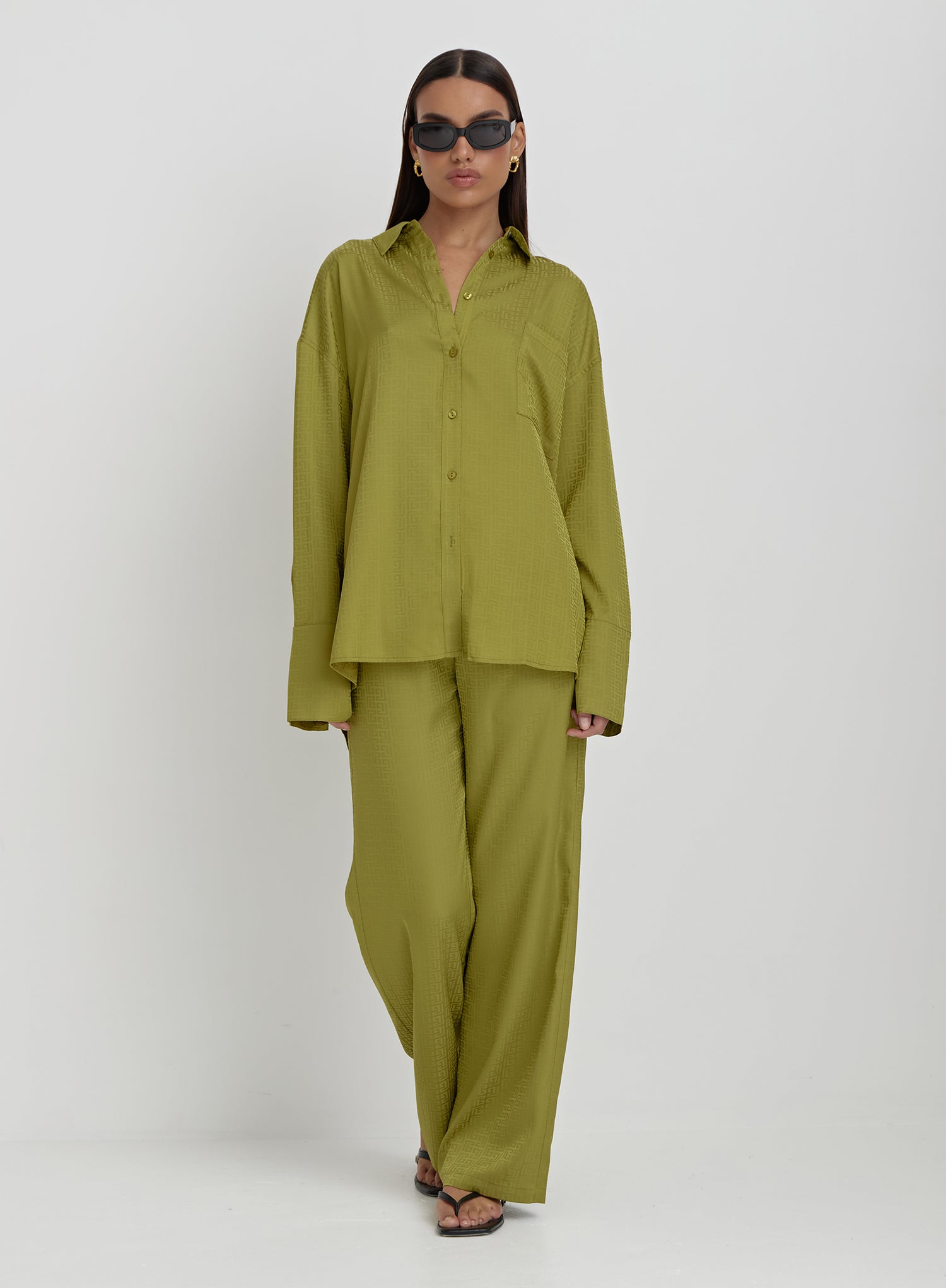 Green Jacquard Satin Print Oversized Shirt